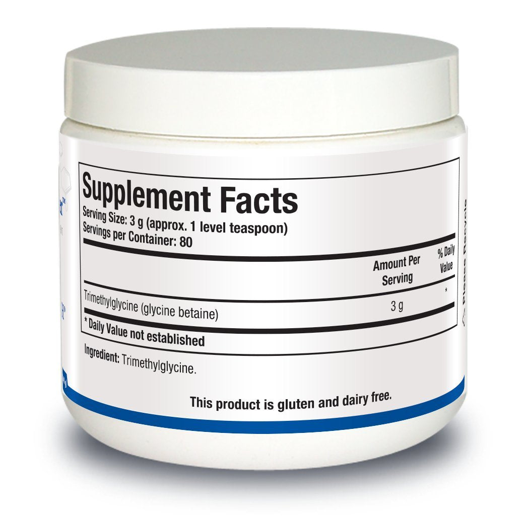 Biotics Research TMG Powder label close-up showing product details.