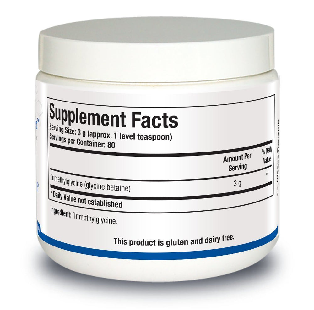Biotics Research TMG Powder label close-up showing product details.