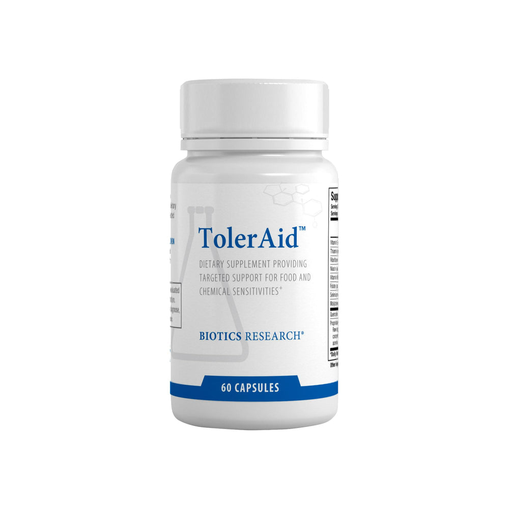 Biotics Research TolerAid bottle front showing detox support for sulfite sensitivity