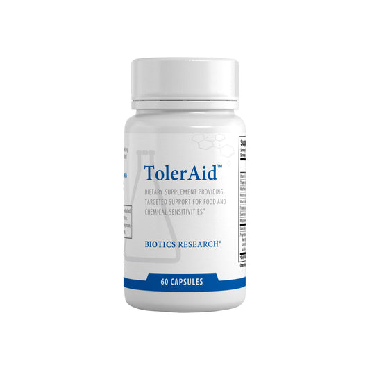 Biotics Research TolerAid bottle front showing detox support for sulfite sensitivity
