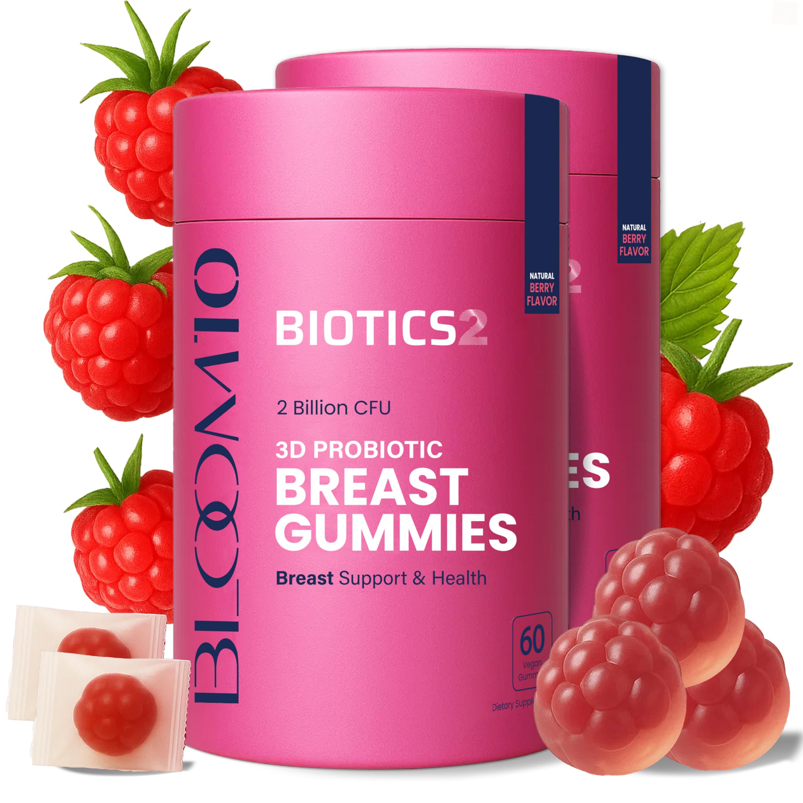 Biotics2 Bloom10 bottle-front showing sugar-free vegan breast gummies for daily wellness
