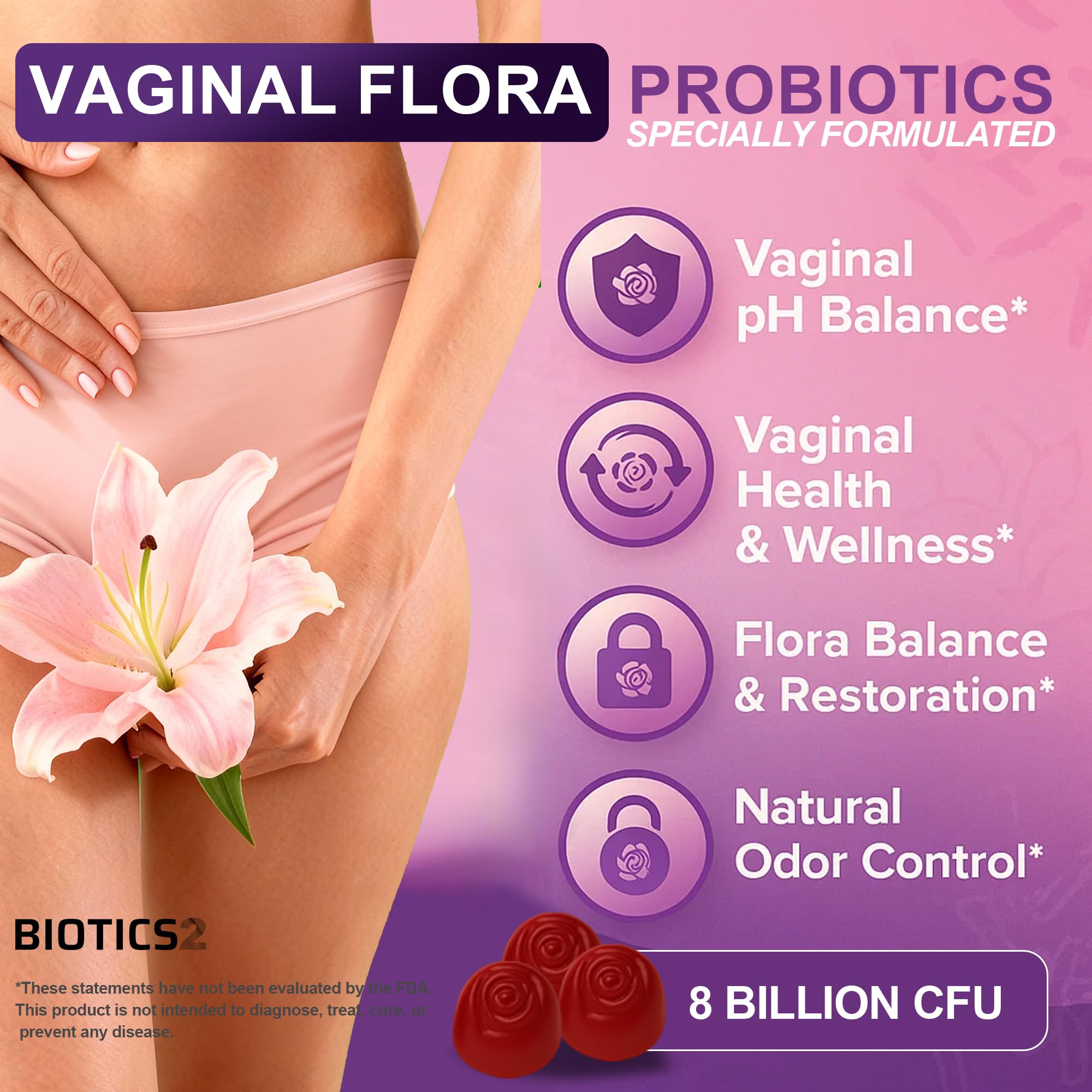 Close-up of Flora12 strawberry gummies for daily wellness.