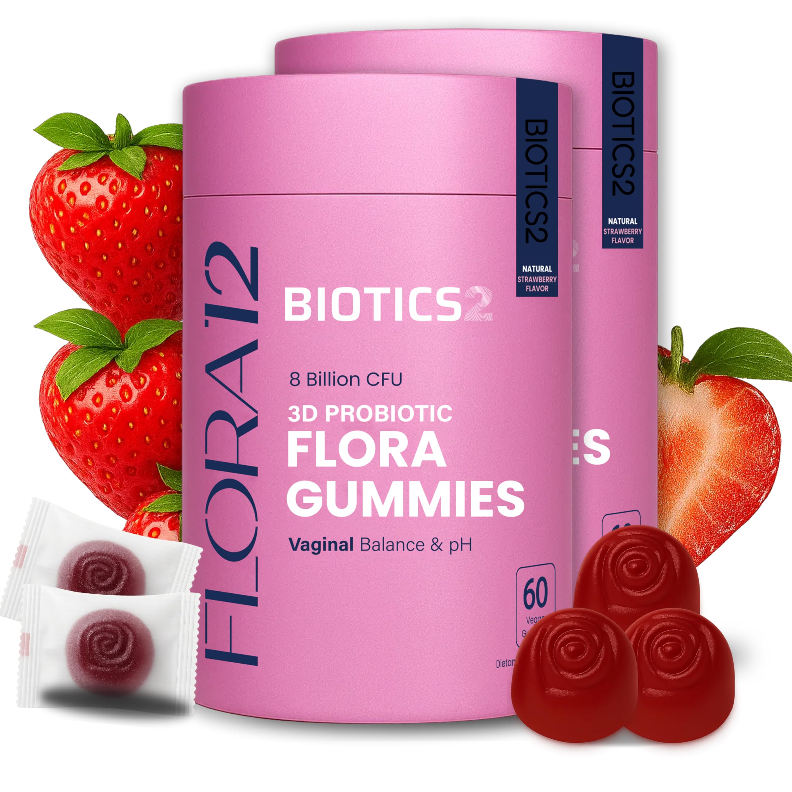 Biotics2 Flora12 bottle with gummies on display, supports balanced vaginal health.