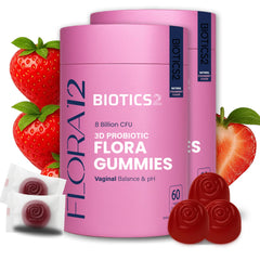 Biotics2 Flora12 bottle with gummies on display, supports balanced vaginal health.