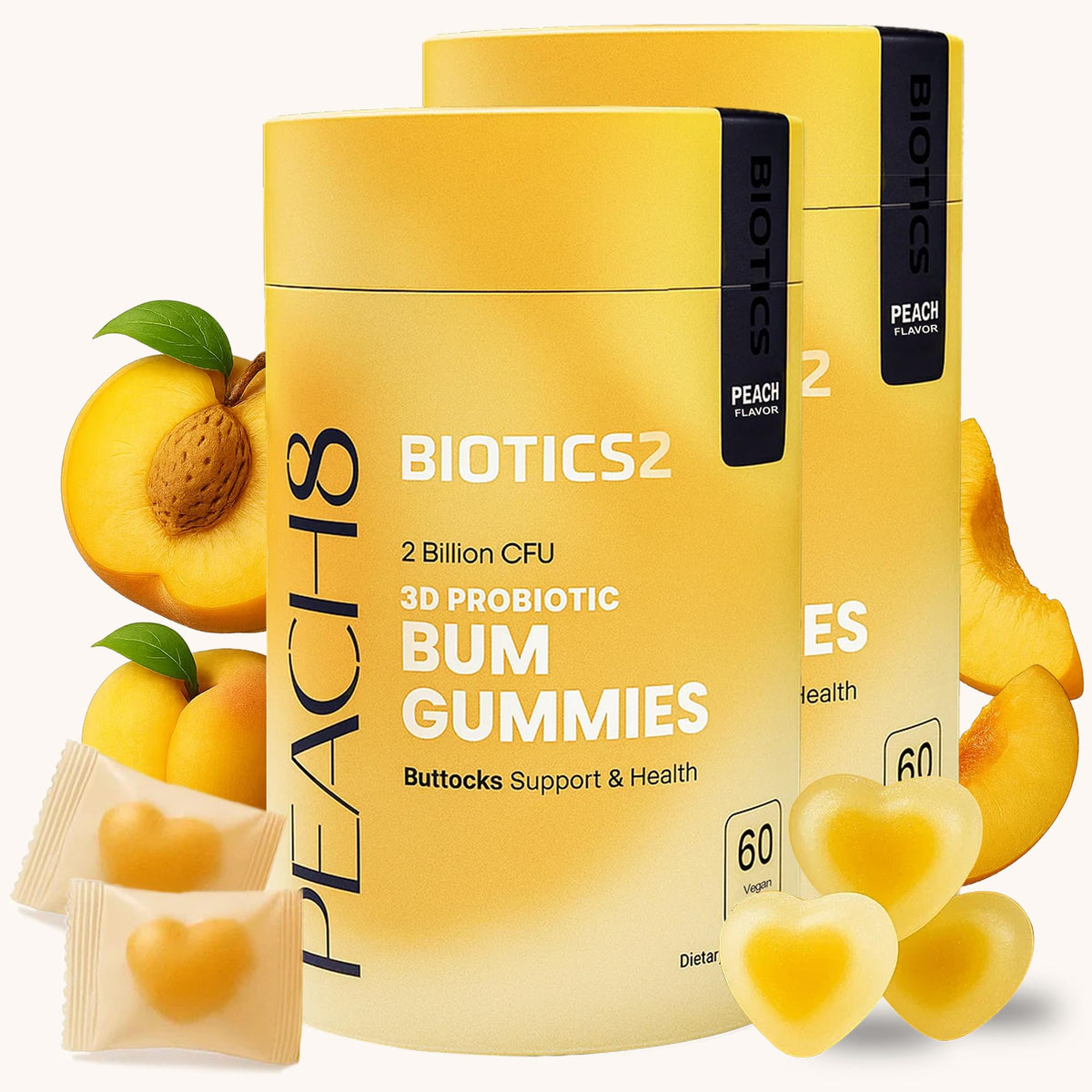 Biotics2 Peach8 BBL bottle with vegan gummies for daily curve support.