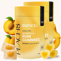 Biotics2 Peach8 BBL bottle with vegan gummies for daily curve support.