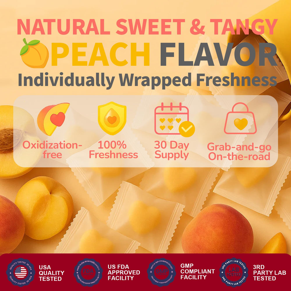 Individual foil-pack of Peach8 BBL gummies for on-the-go use.