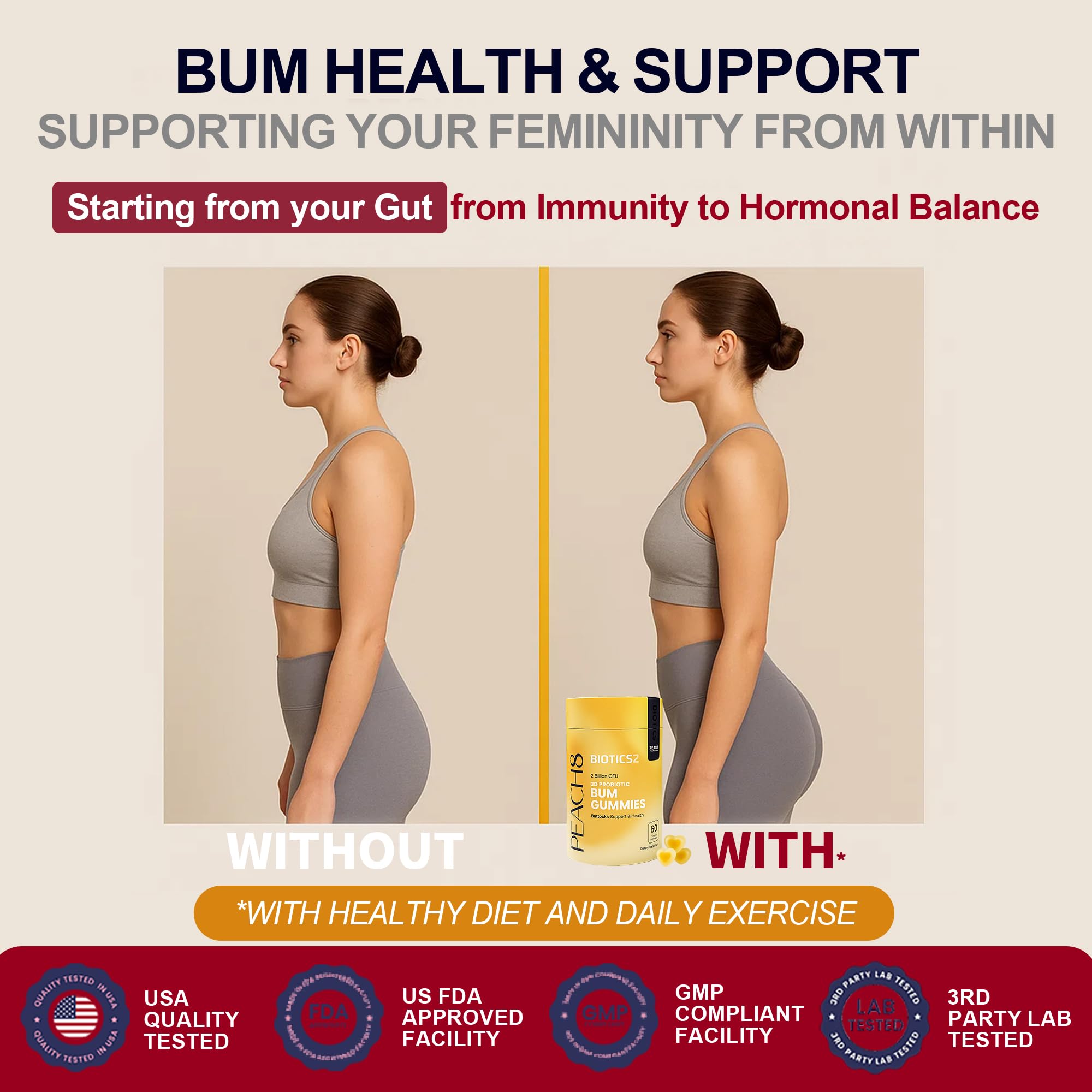 Vitamin A and C notes on Peach8 BBL packaging for daily multivitamin support.