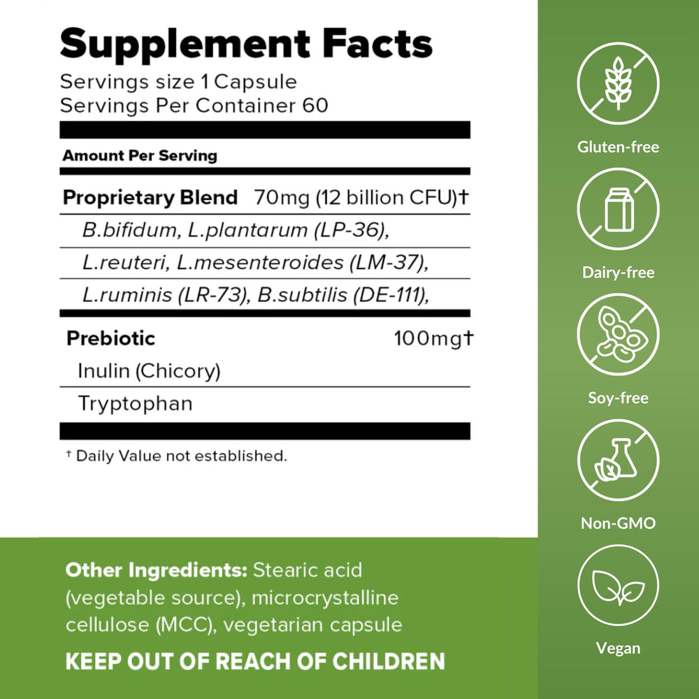 Close-up of capsules highlighting gluten-free, non-GMO formulation for everyday wellness