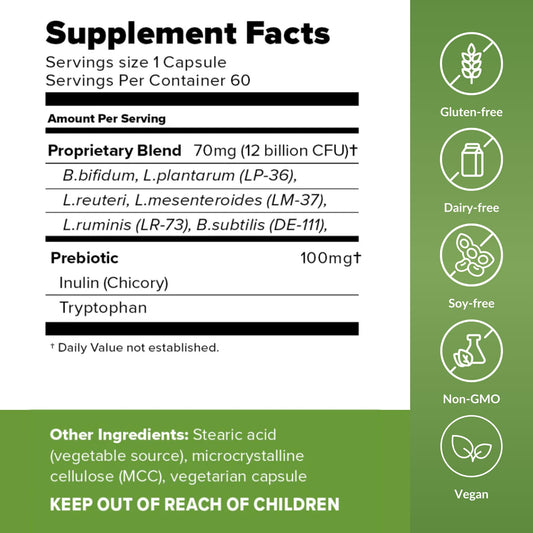 Close-up of capsules highlighting gluten-free, non-GMO formulation for everyday wellness