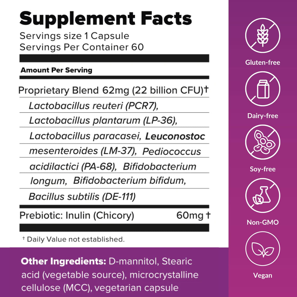Sugar Shift capsules close-up emphasizing 22B CFU for digestive balance.