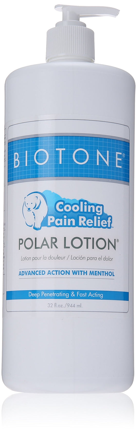 Biotone Polar Lotion 32oz bottle with pump for easy post-activity cooling relief.