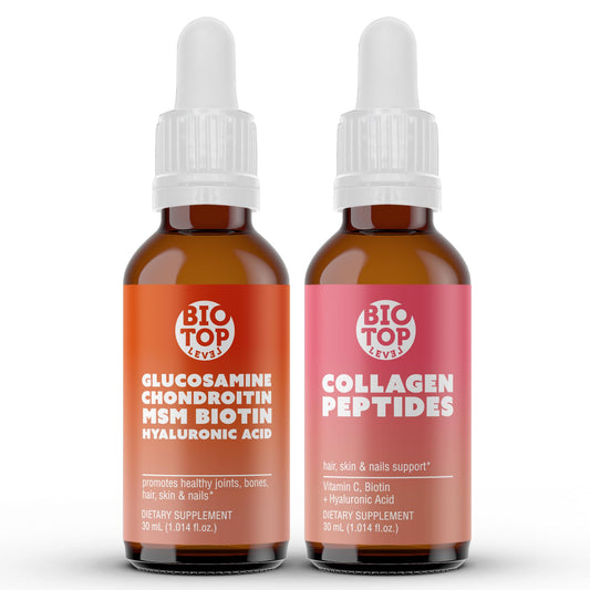 BIOTOPLEVEL Best Combination bottle closeup shows liquid supplement for joints and skin