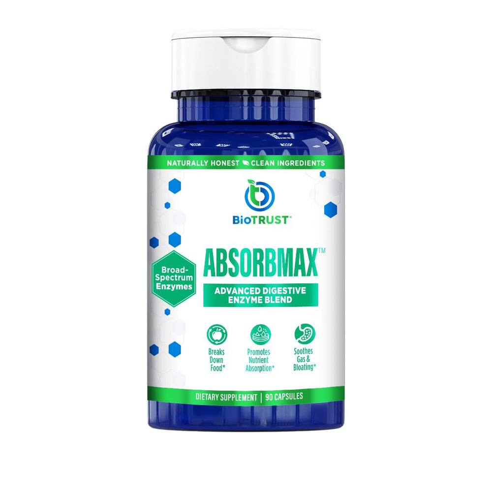 BioTrust AbsorbMax bottle-front view highlighting gluten-free enzyme blend for daily digestive support.