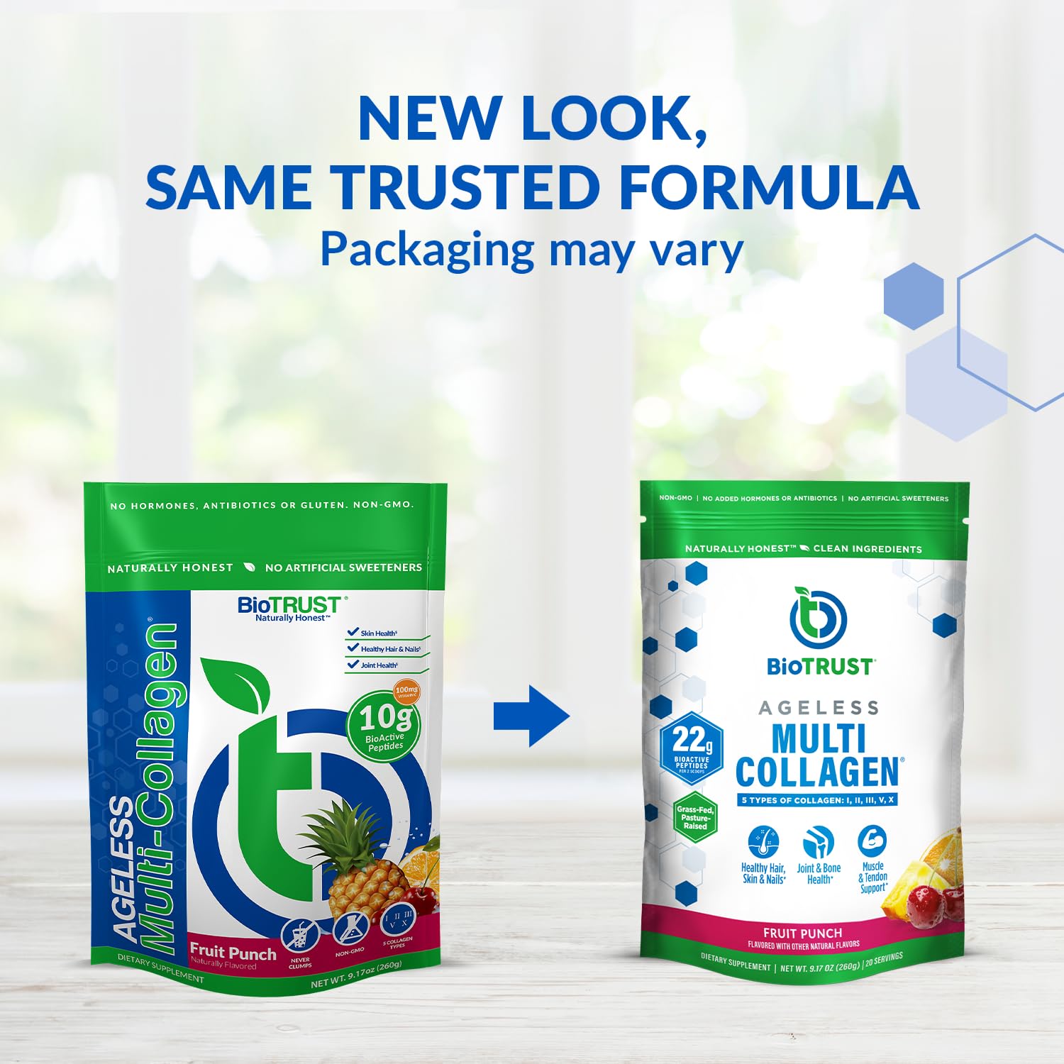 BioTrust Ageless Multi Collagen Fruit Punch scoop measures 10g per serving