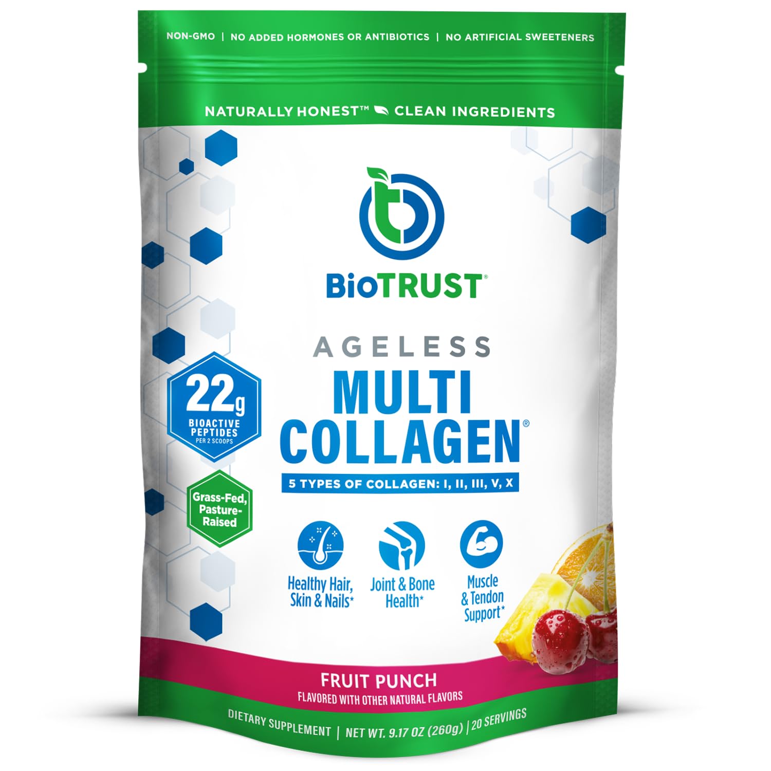 BioTrust Ageless Multi Collagen Fruit Punch powder in a tub for easy daily use