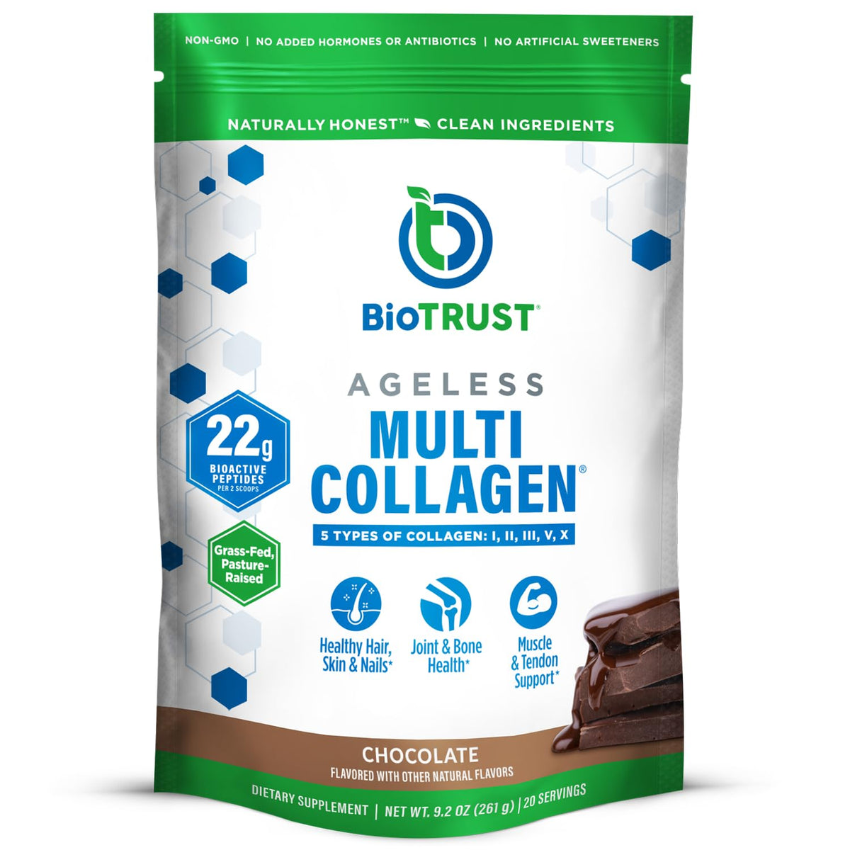 BioTrust Ageless Multi Collagen Chocolate bottle ready for daily use, smooth texture and quick mix