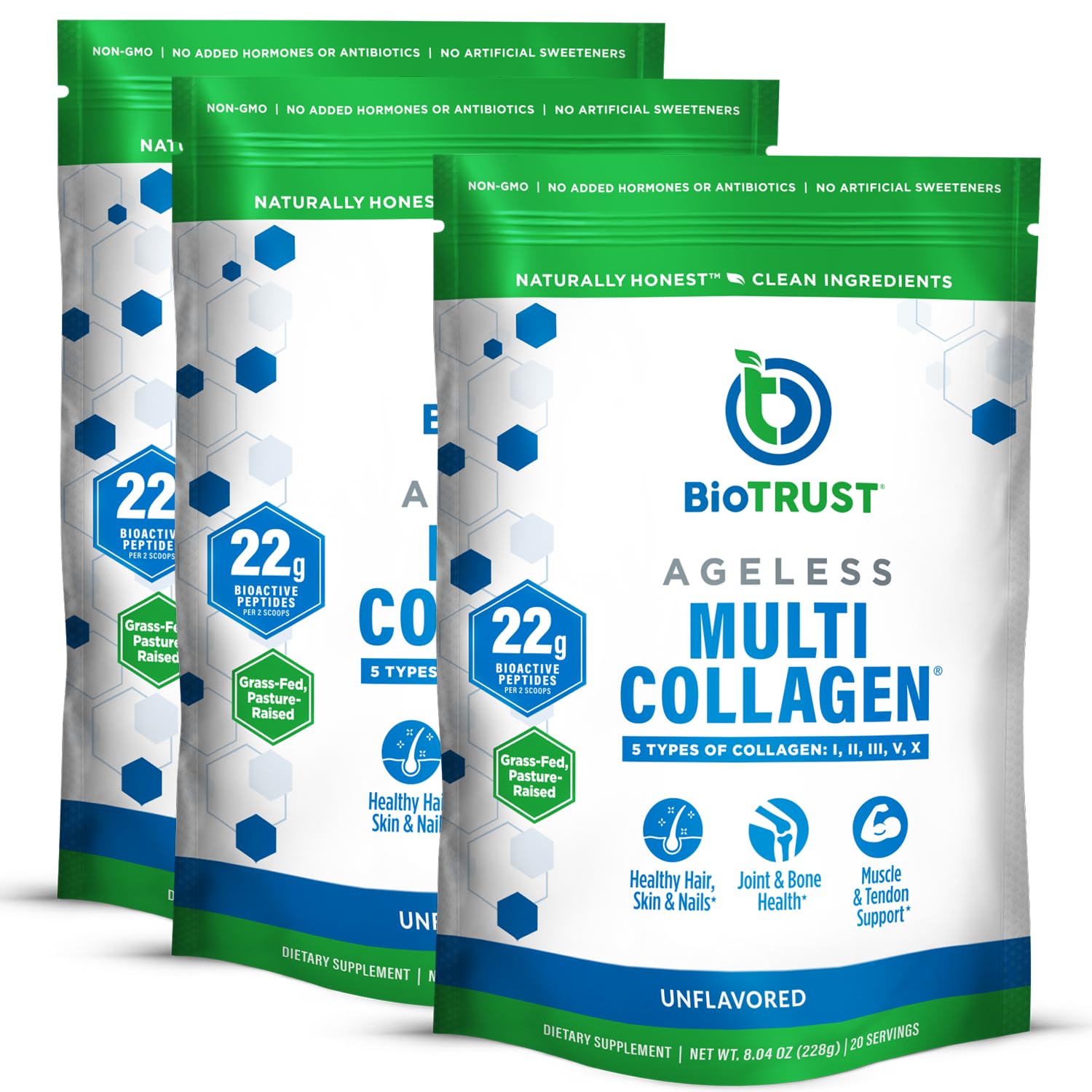 BioTrust Ageless Multi Collagen tub front showing 3-pack option for daily wellness
