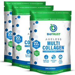 BioTrust Ageless Multi Collagen tub front showing 3-pack option for daily wellness