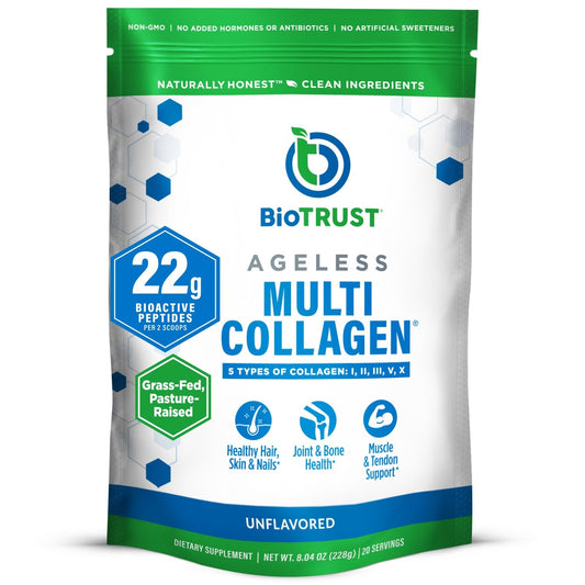 BioTrust Ageless Multi Collagen powder tub ready to mix for daily wellness