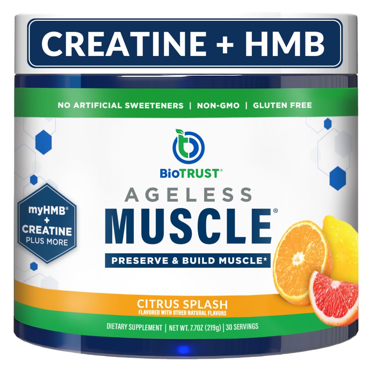 BioTrust Ageless Muscle tub front view with Citrus Splash flavor for daily lean muscle support