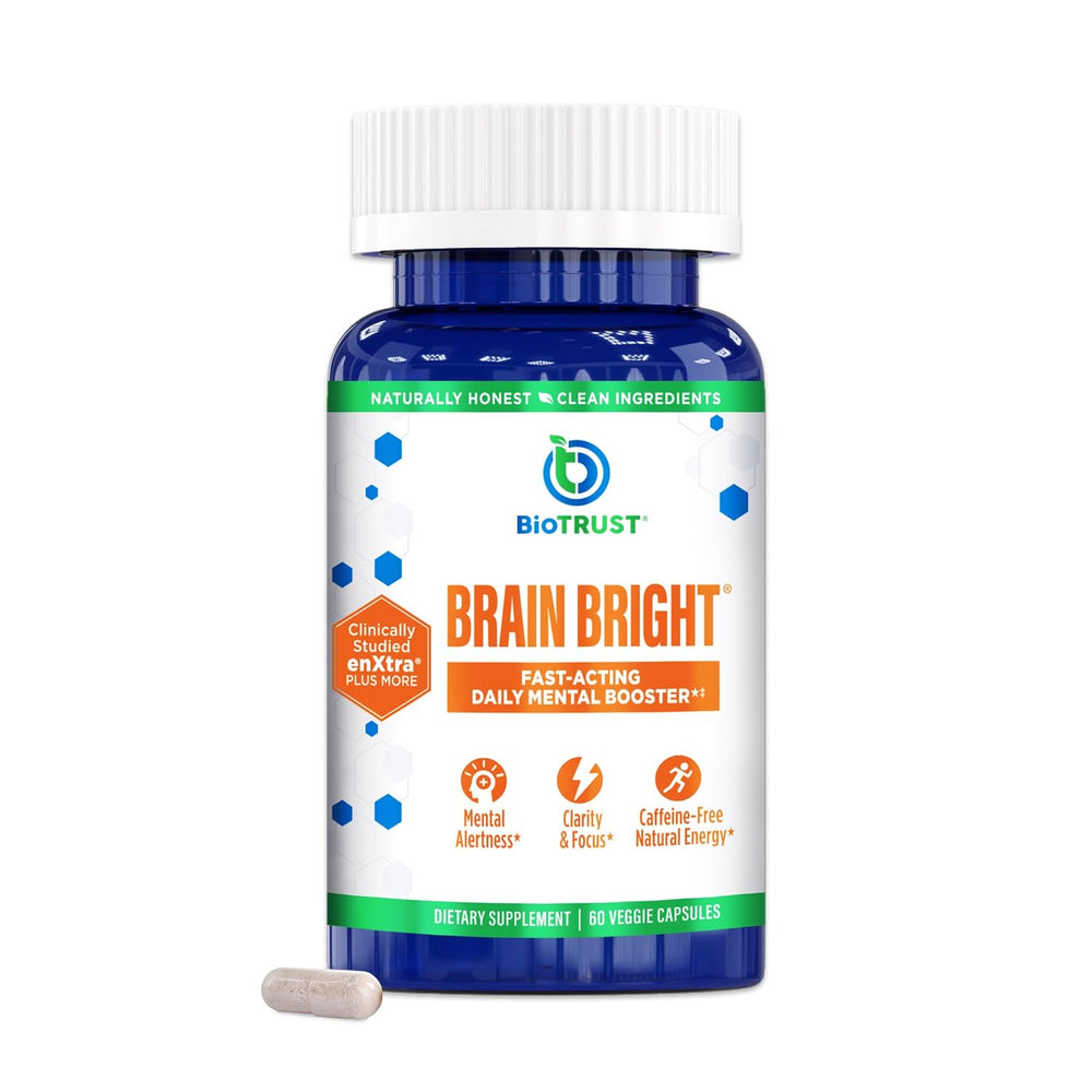 BioTrust Brain Bright bottle front view highlighting caffeine-free focus support.