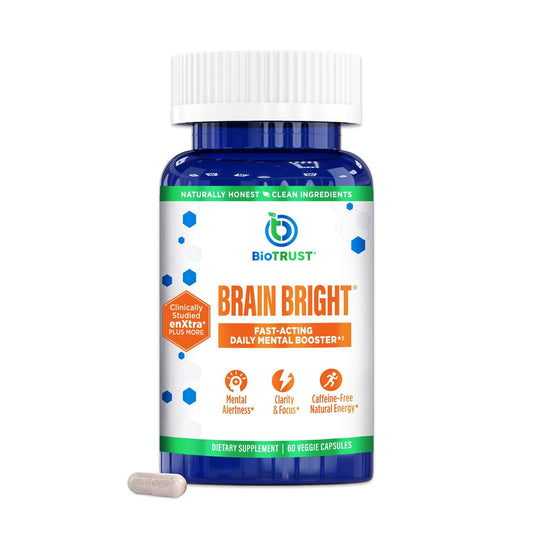 BioTrust Brain Bright bottle front view highlighting caffeine-free focus support.