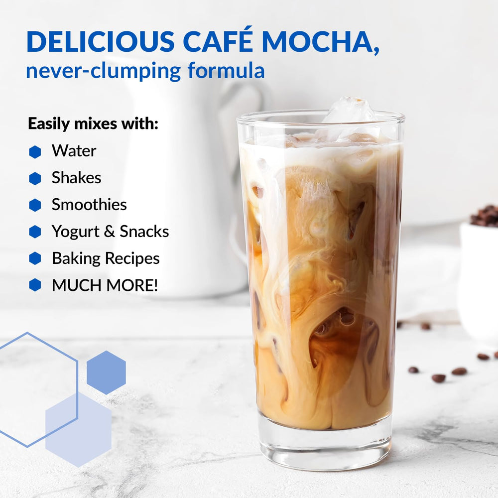 BioTrust Cafe Mocha bottle pouring into glass for a flavorful shake