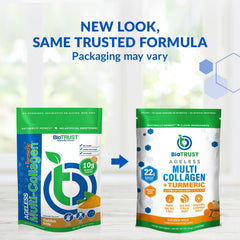 BioTrust Collagen Turmeric scoop pouring into a cup for smooth golden latte.