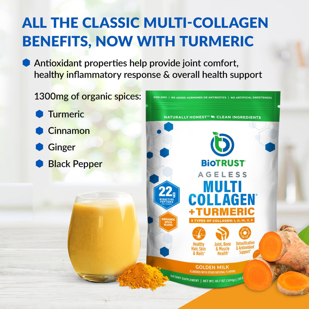 BioTrust Collagen Turmeric turmeric root and capsules showing natural ingredients.