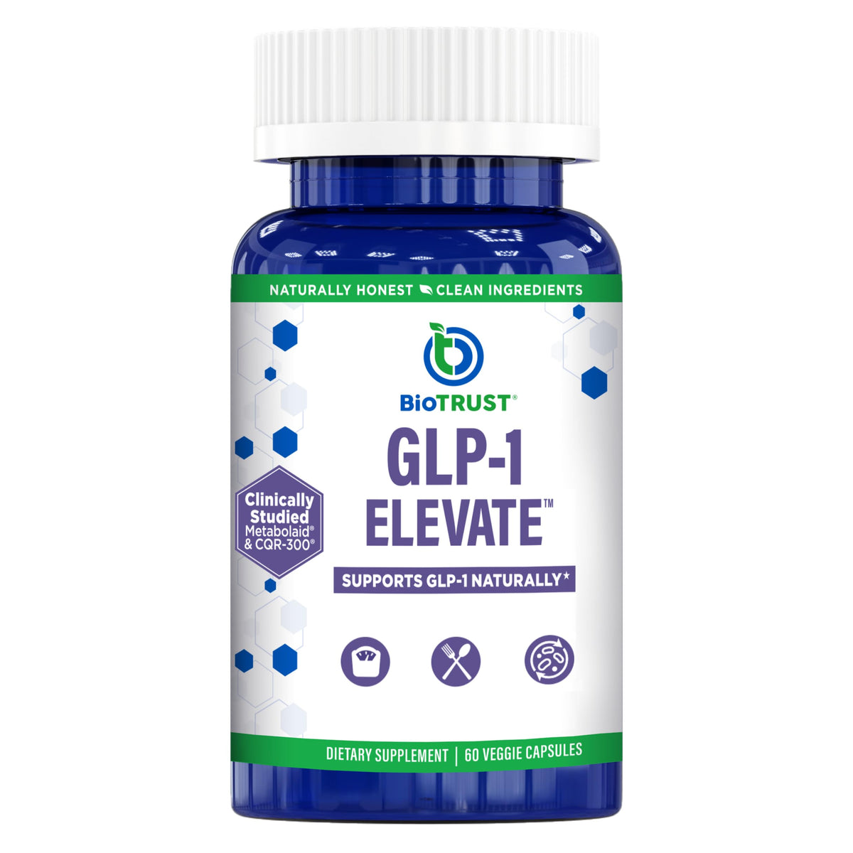 BioTrust GLP-1 Elevate bottle front highlights a science-backed appetite support formula