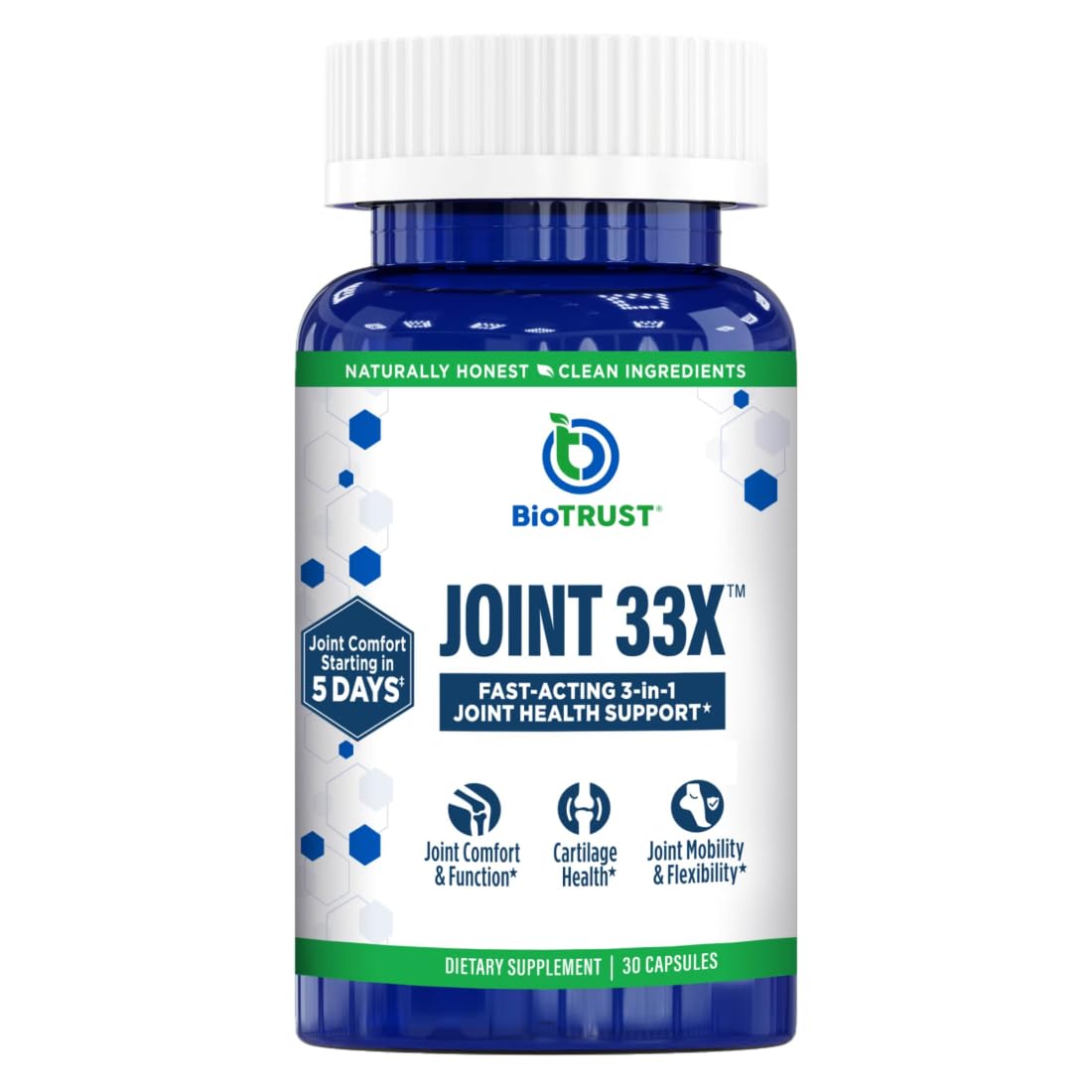 BioTrust Joint 33X bottle demonstrates daily mobility support with capsule form.