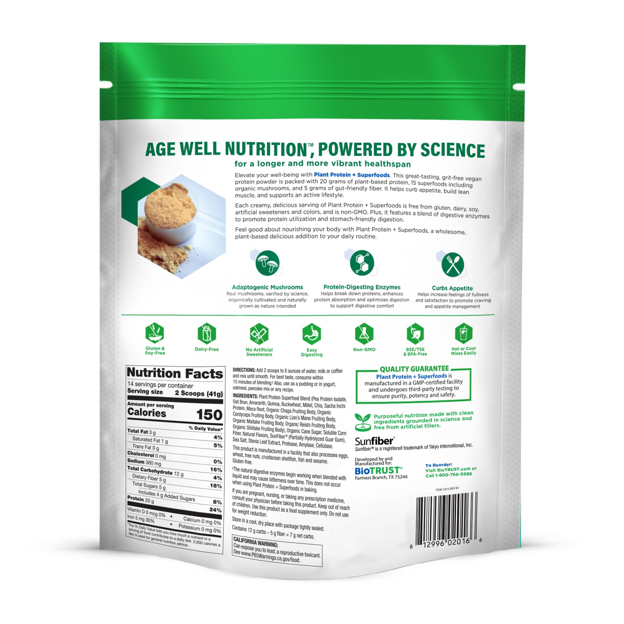BioTrust Low Carb Plant bag-label highlights GMP-certified production and testing