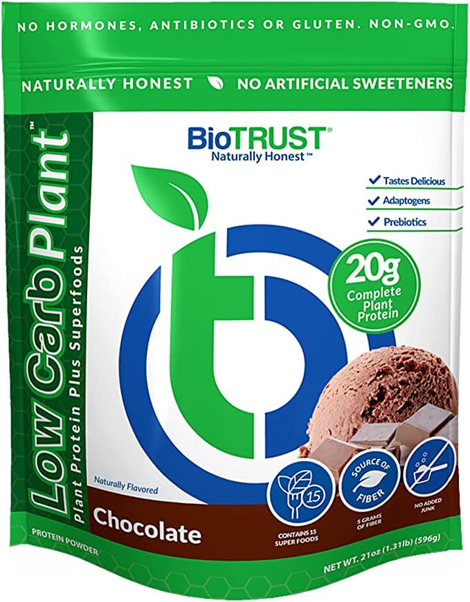 BioTRUST Low Carb Plant chocolate powder tub front, premium plant protein