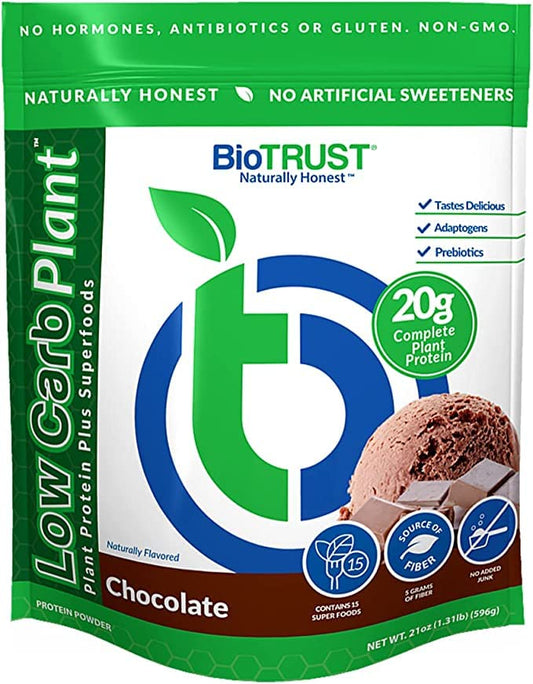 BioTRUST Low Carb Plant chocolate powder tub front, premium plant protein