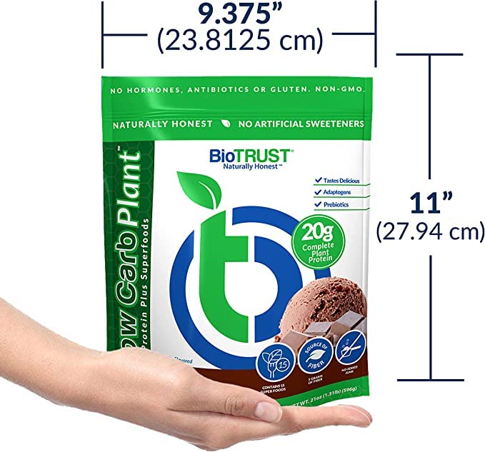 BioTRUST Low Carb Plant protein scoop close-up with powder texture
