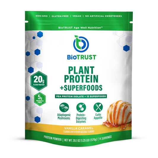 BioTrust Low Carb Plant vanilla caramel bottle showcases dairy-free protein for active days
