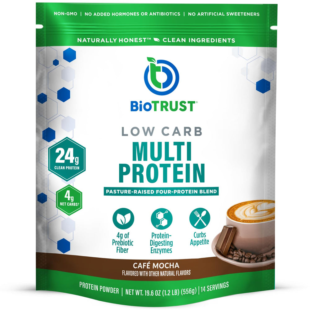 BioTrust Low Carb Protein bottle features Cafe Mocha flavor for a protein-packed snack
