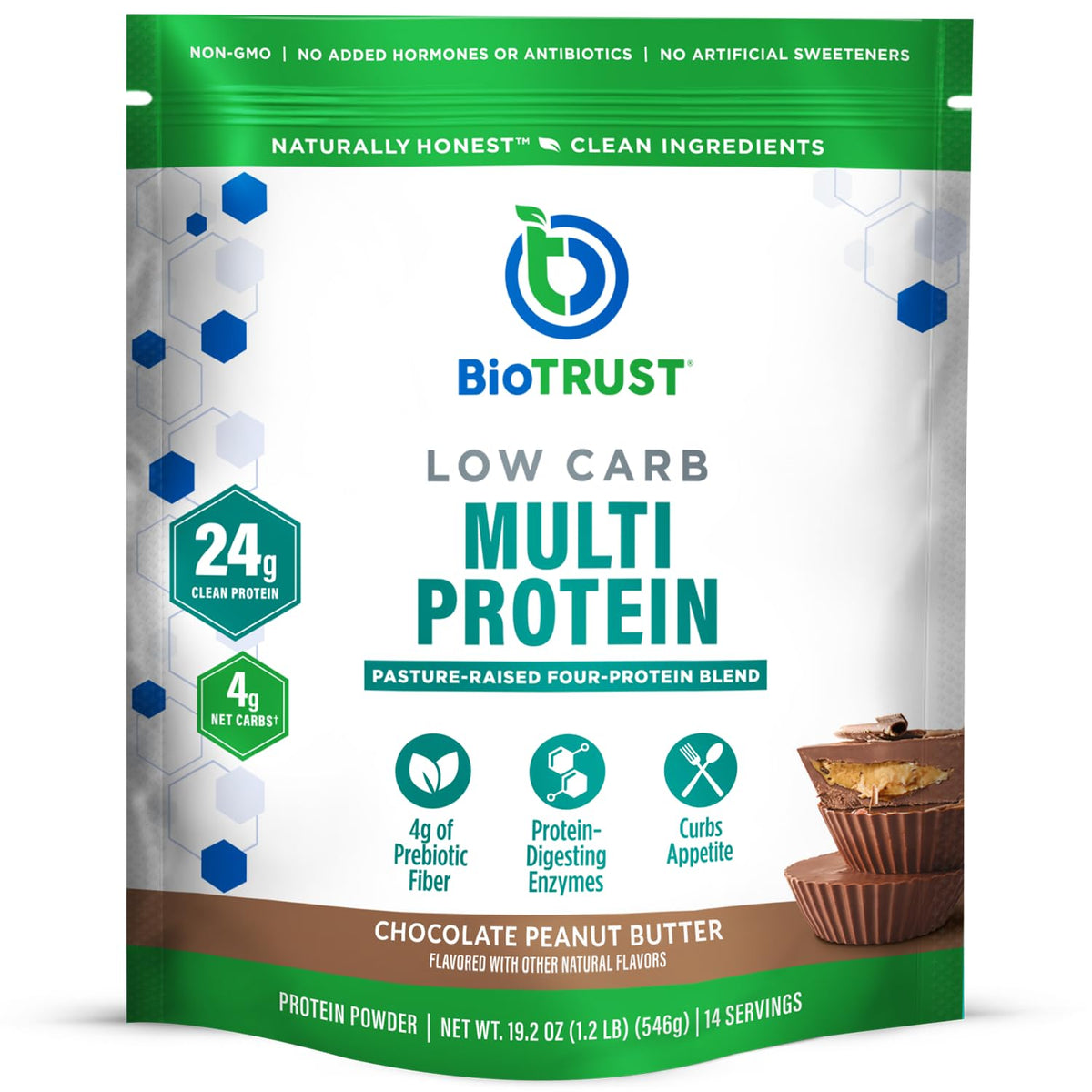 BioTrust Low Carb Protein Powder packaging highlighting grass fed ingredients for clean protein