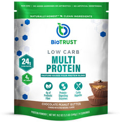 BioTrust Low Carb Protein Powder packaging highlighting grass fed ingredients for clean protein
