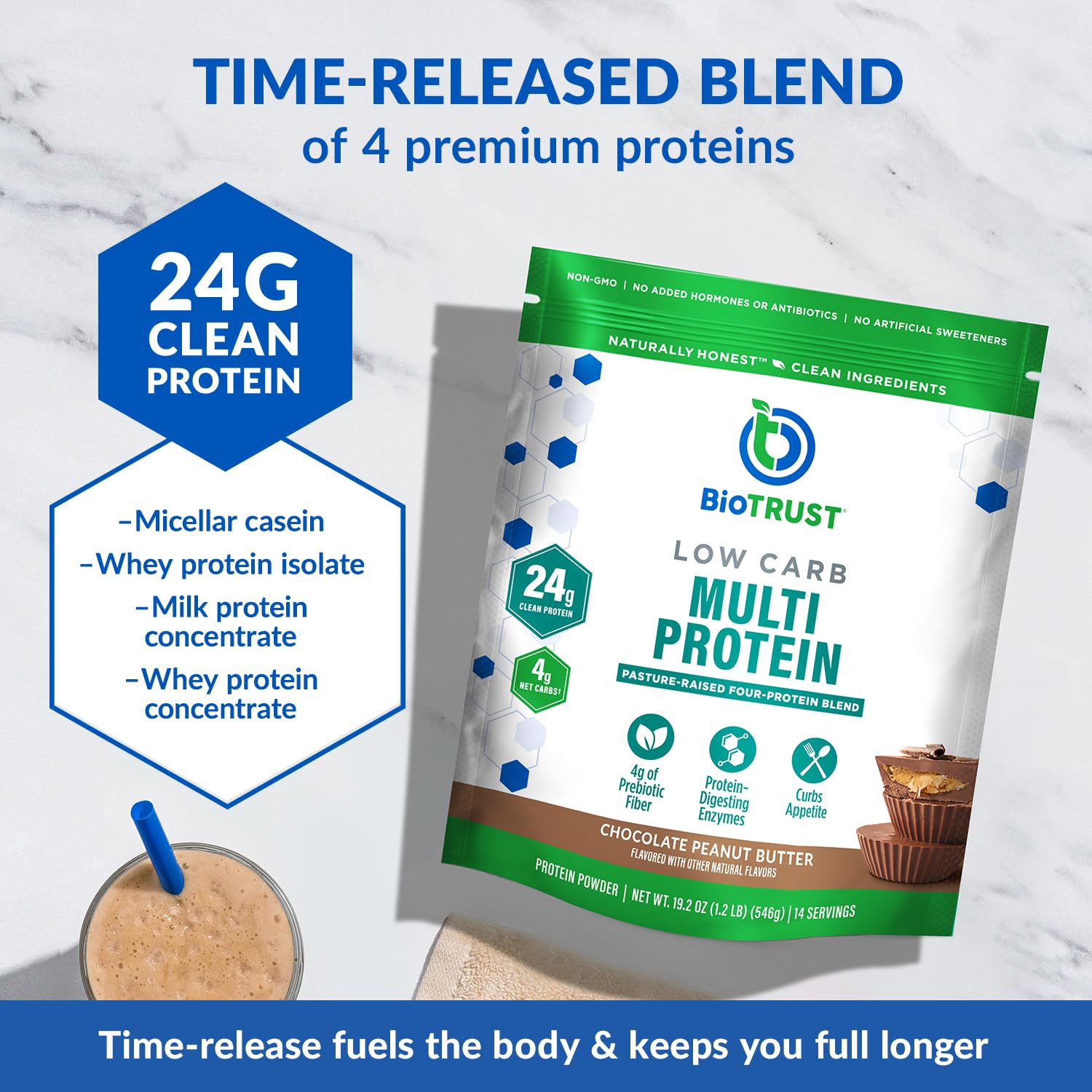 BioTrust Low Carb Protein Powder pour reveals rich chocolate peanut butter flavor