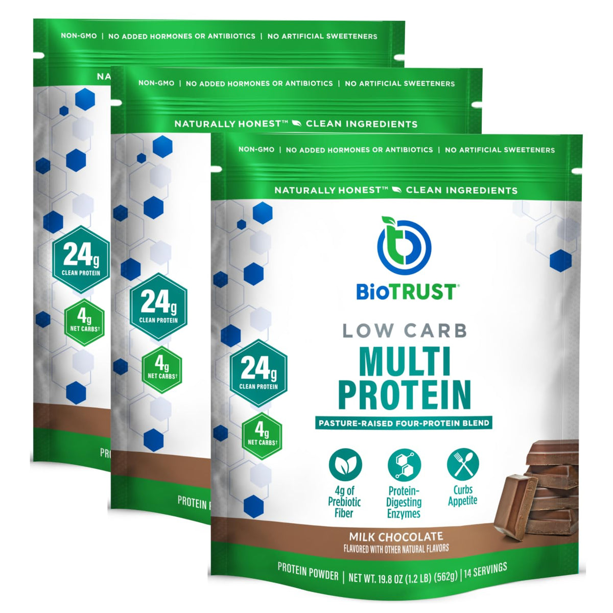BioTrust Low Carb chocolate protein powder in jar for high protein shakes