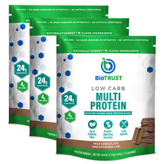 BioTrust Low Carb chocolate protein powder in jar for high protein shakes