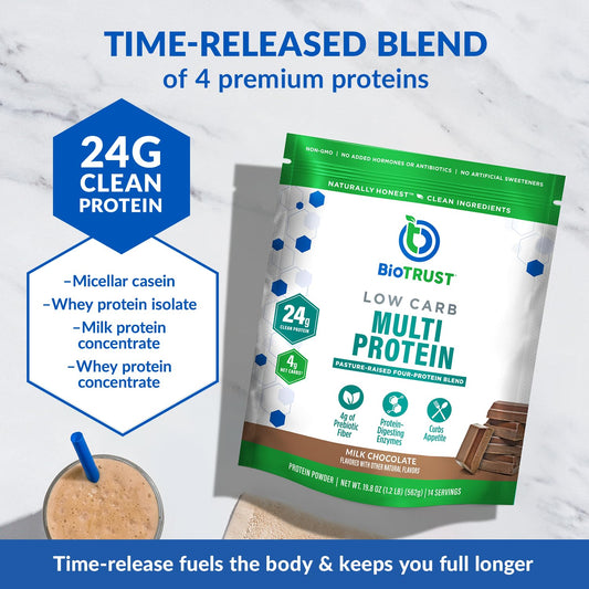 BioTrust low-carb protein shake in glass for post-workout recovery