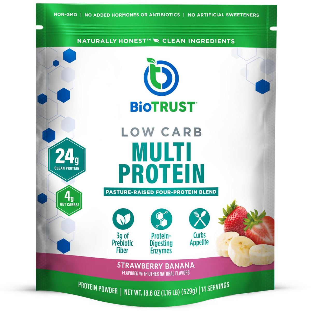 BioTrust Low Carb Protein Powder tub featuring premium whey and casein blend for versatile shakes