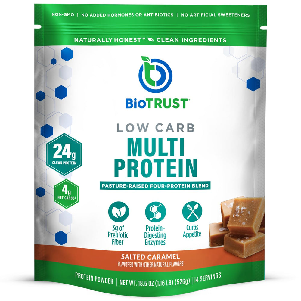 BioTrust Low Carb Protein Powder tub with salted caramel flavor for high-protein shakes.