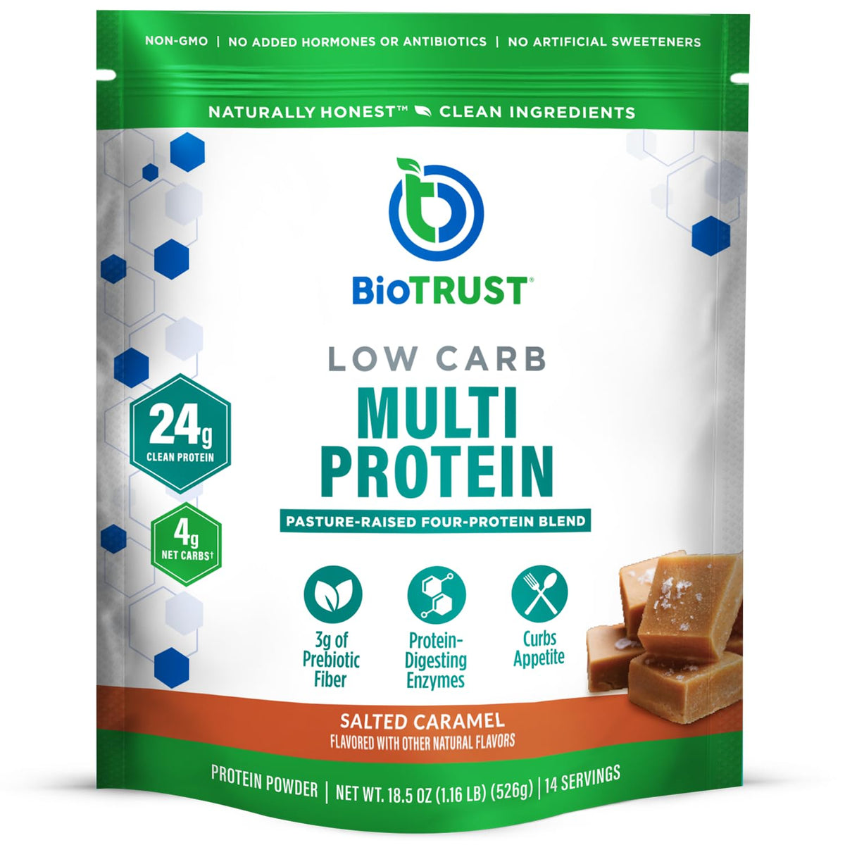 BioTrust Low Carb Protein Powder tub with salted caramel flavor for high-protein shakes.
