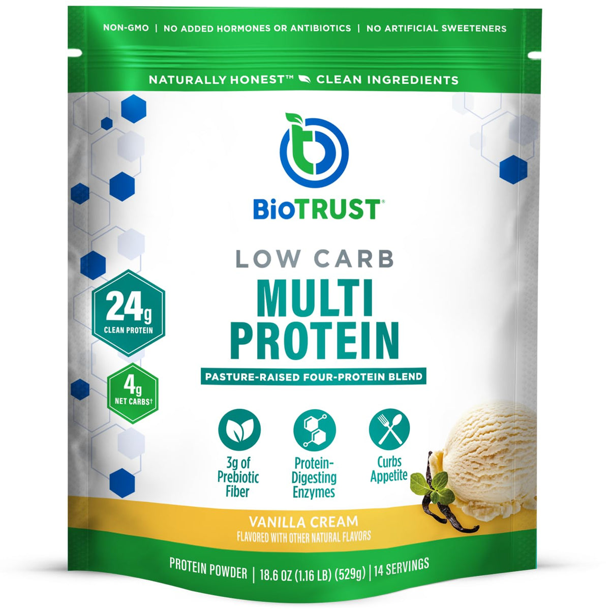 BioTrust Low Carb Vanilla protein powder bottle with scoop for high-protein daily use.