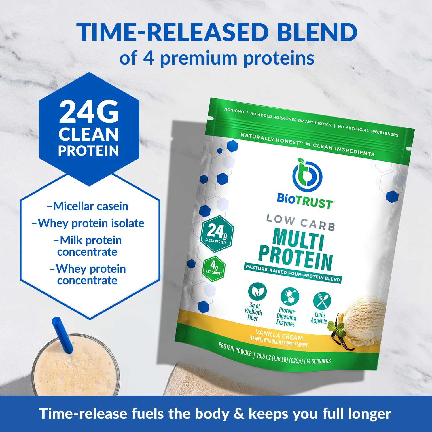 BioTrust Low Carb Vanilla protein powder scoop beside the tub for shakes.
