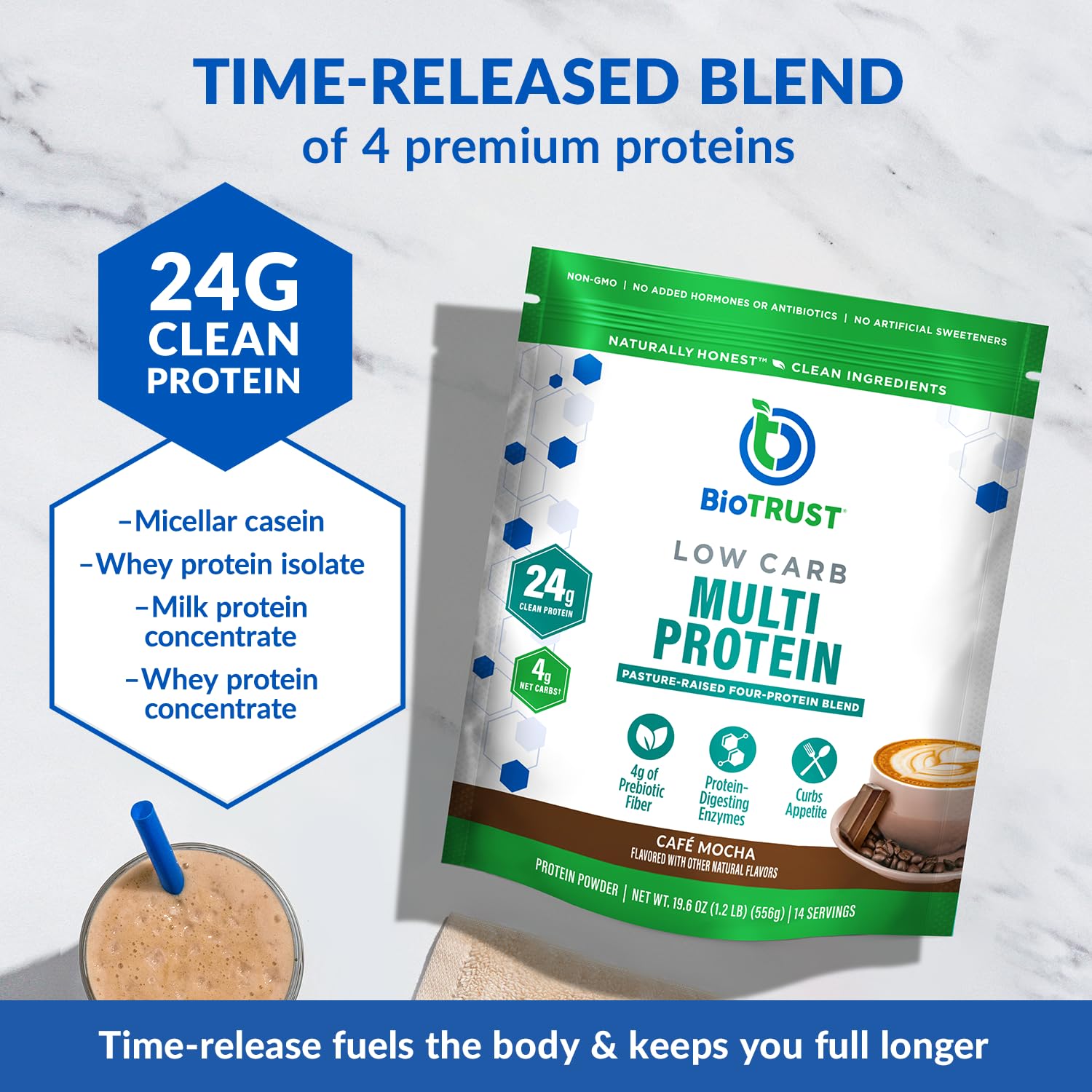 BioTrust Low Carb Protein scoop highlighting convenient serving size